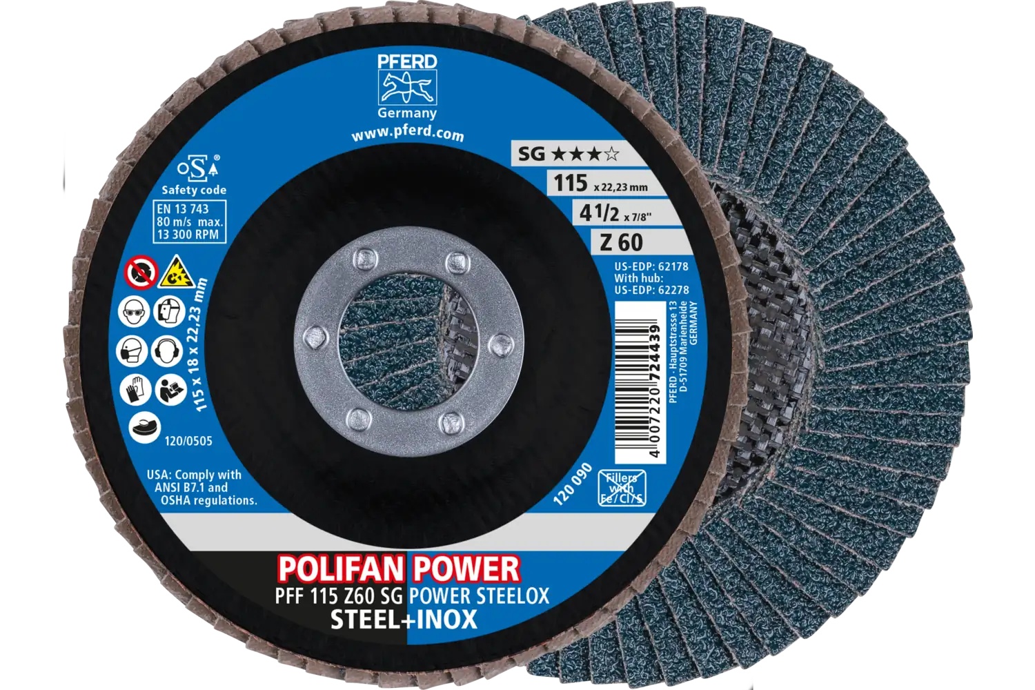 Picture of Pferd Flap Disc, 4-1/2" x 7/8, Z SG Power Steelox, 60 Grit, T27, Flat, Zirconia